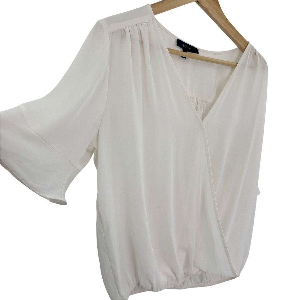 Eclair Ivory Surplice V-Neck Flutter Sleeve Blouson Blouse Womens Medium